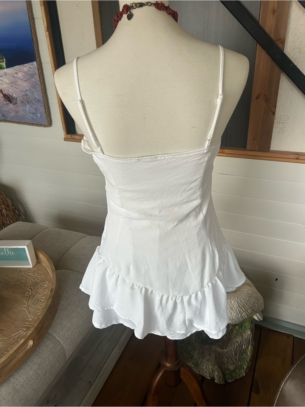 White Ruffle Hem Spaghetti Strap Mini Dress - Picture 2 of 5